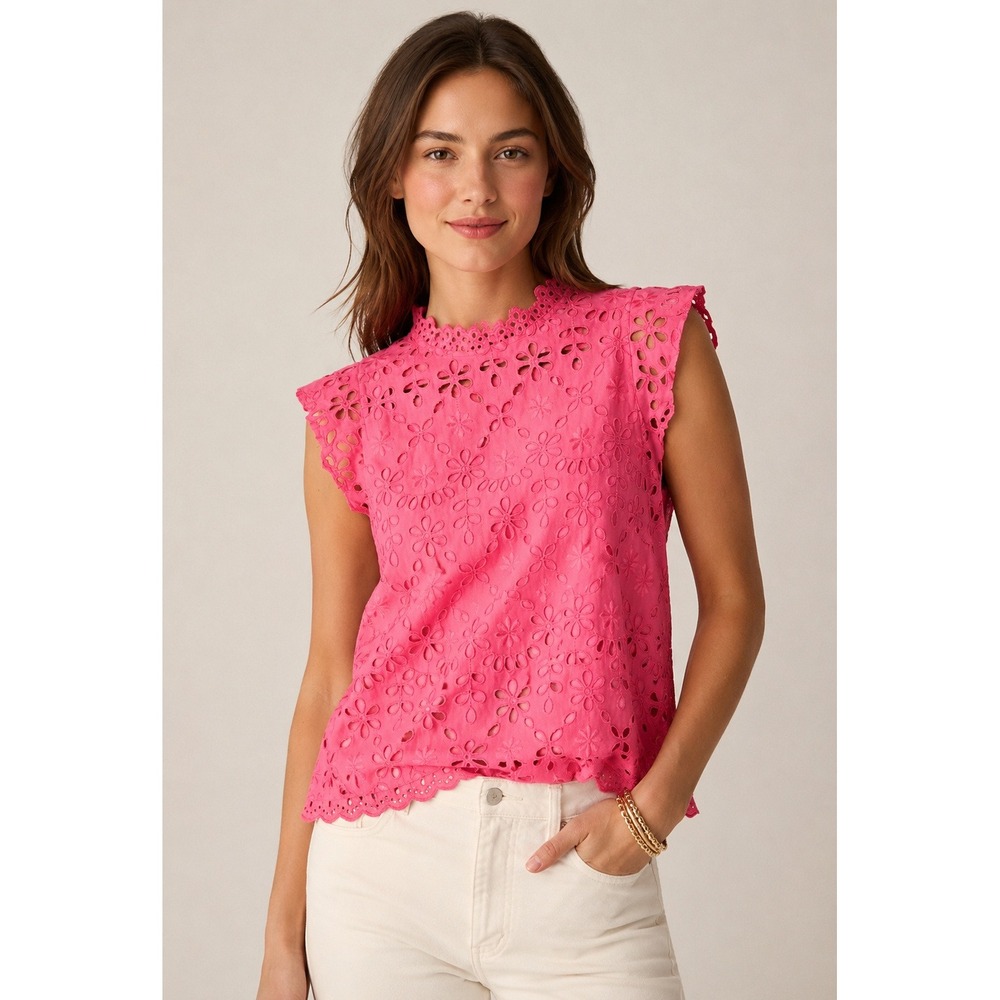 J.Crew Neon Pink Eyelet Lace Top Women's XS Floral Embroidered Sleeveless Blouse